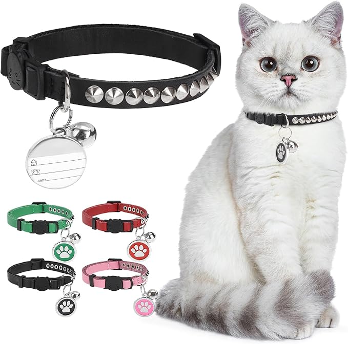 Leather Personalized Breakaway Cat Collar with Studded Bell and Safety Quick Release Buckle - Rivets Studded ID DIY Collars for Boy Girl Cats Kittens, 9" - 11.5" Black