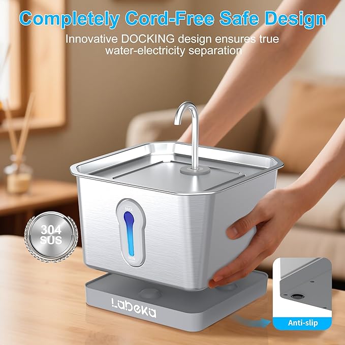 Stainless Steel Cat Water Fountain 135oz/4L:Battery Operated Wireless Cat Fountains for Drinking Indoor, Automatic Pet Water Dispenser with Ultra Quiet Pump,Multi-Filtration(2Filters)