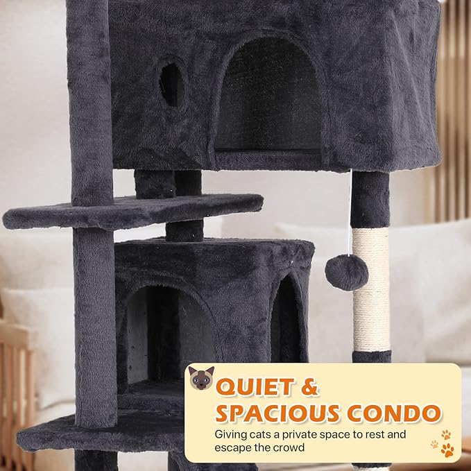 70 Inch Light Gray Cat Tree, Tall Cat Tower with 2 Condos, 3 Scratching Posts, Multi-Level Platforms - Sturdy Climbing Structure Tall Cat Tower for Indoor Cats
