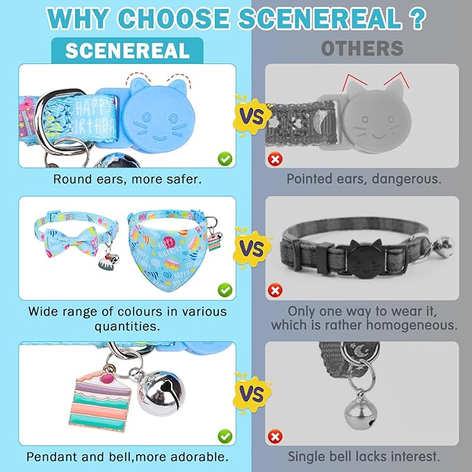 SCENEREAL Cat Bandana Collars for Birthday - 2 Pack Breakaway Kitten Collars with Bell Bowtie, Accessories for Pet Collars, Adjustable Cute Cat Collars for Cats and Small Dogs Boys Girls, (Blue)