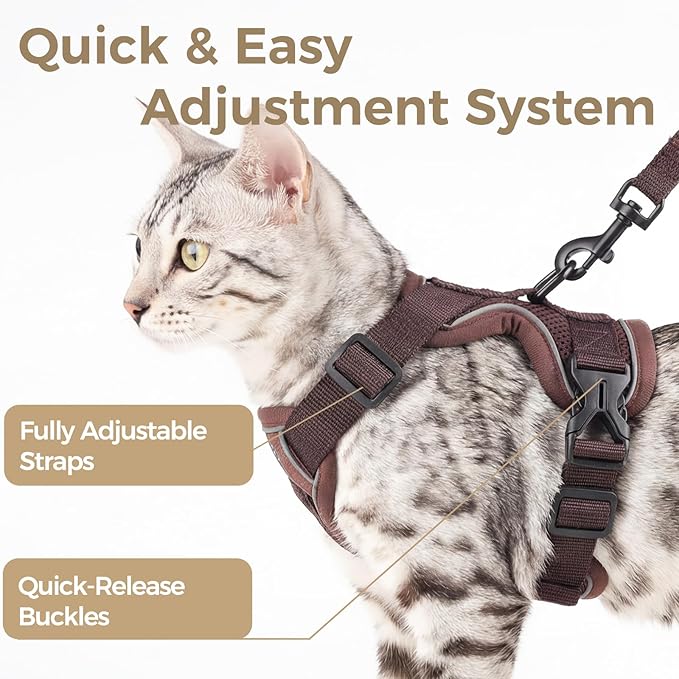 Cat Harness and Leash Set Escape Proof Tactical Medium Kitten Harness Emotional Support Cat Vest, Brown, M