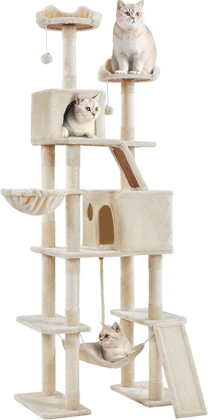Yaheetech Cat Tree, 82.5in Large Tower w/Hammock, 2 Kitty-Ear Perches, 2 Cozy Condos, Scratching Posts, Basket, Furniture for Large Cats, Kittens, Beige