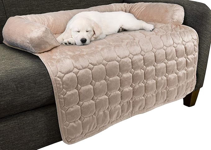 Couch Cover for Dogs – 35x35 Pet Furniture Protector with Memory Foam Bolster, Quilted Fabric, Non-Slip Water-Resistant Base Layer by PETMAKER (Beige)