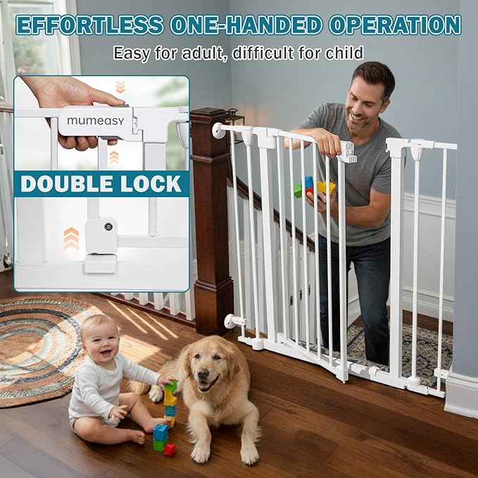 Mumeasy 80" Extra Wide Baby Gate for Doorways, Stairs & Fireplace, Auto Close Dog & Pet Gate with Walk Thru Door, 3 Metal Panels, Hardware Mounted Child Safety Fence for House, Indoor/Outdoor, White