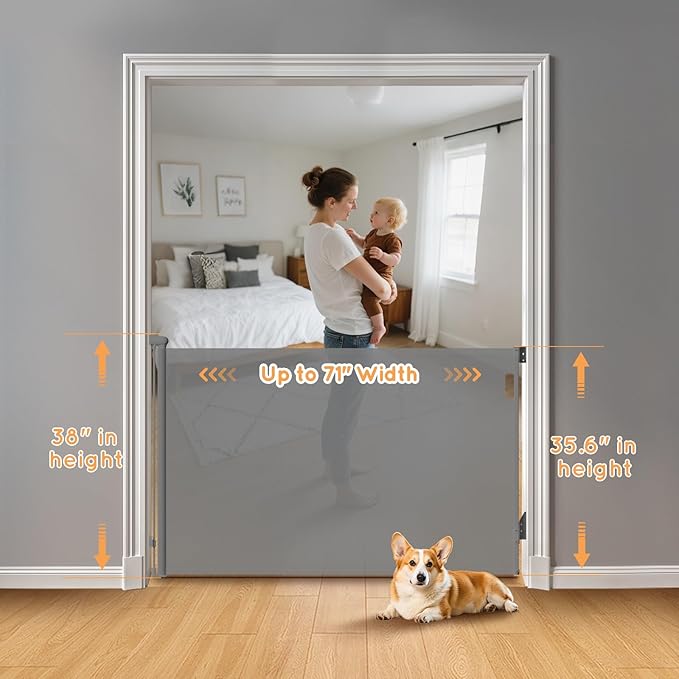 Retractable Baby Gate for Stairs, 71" Wide Mesh Pet Gate, Automatic Tension, One-Hand Operation, 38" Tall Baby Gates for Doorways, Hallways, Deck, Indoor Outdoor, Safe, Easy to Fit, Gray