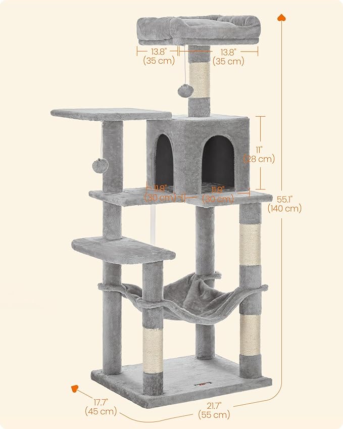 Feandrea Cat Tree, 55.1-Inch Cat Tower, Plush Multi-Level Condo with 4 Scratching Posts, 2 Perches, Hammock, Cave, Light Gray UPCT161W01