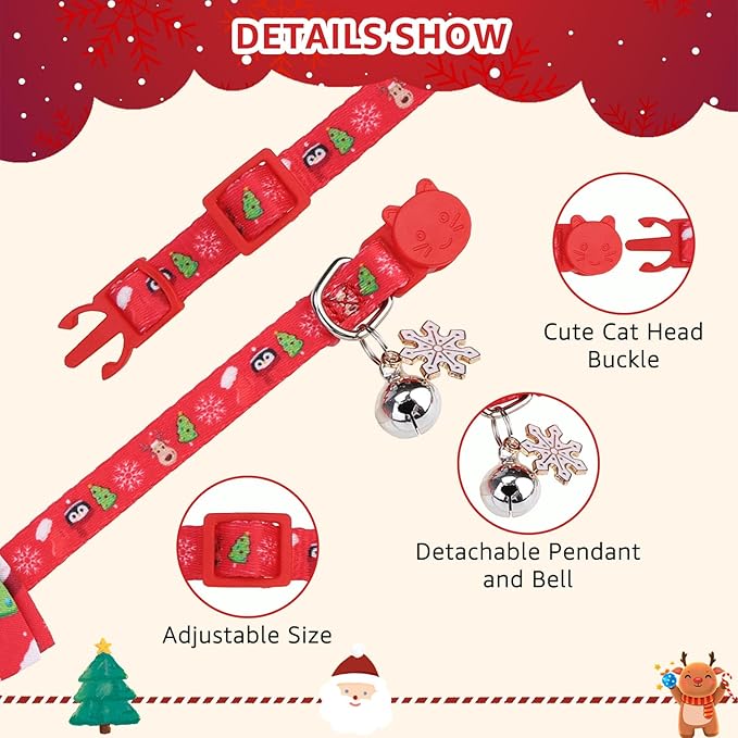 SCENEREAL Christmas Cat Bandana Collar with Bell Bowtie - 2 Pack Breakaway Kitten Collars, Adjustable Cute Pet Accessories for Cats and Small Dogs