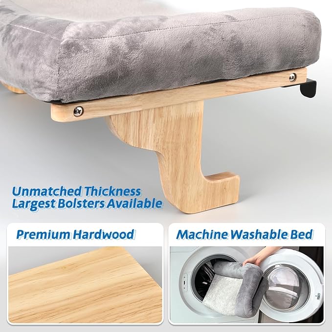 Zakkart Cat Perch for Window Sill with Bolster - Orthopedic Hammock Design with Premium Hardwood & Robust Metal Frame - Cat Window Seat for Large Cats - Natural Color Wood Gray Bed, XLarge 26.4''W