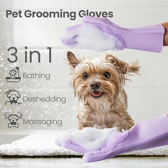 DELOMO Pet Grooming Gloves 1 Pair: Soft and Gentle Silicone Dog Washing Gloves - Bathing Scrubber Brush Mitt Grooming Shedding Fur Removal Massage for Dogs/Cats/Horse, Purple