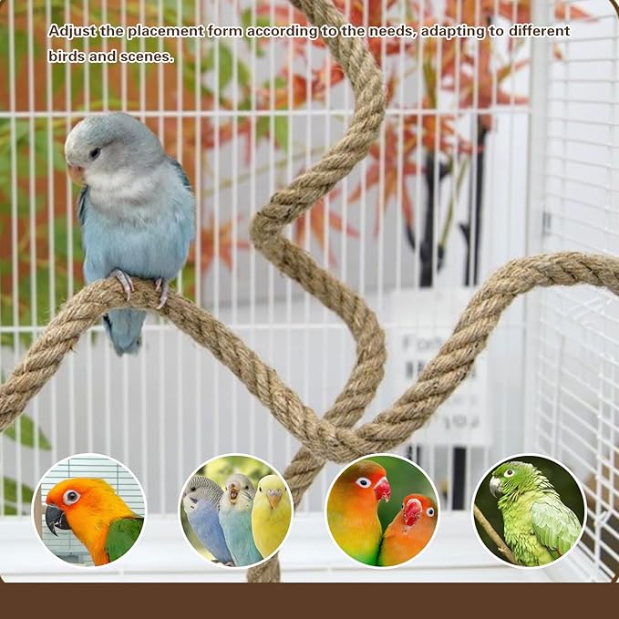 Bird Rope Perch for Parrots,Bird Cage Climbing Rope Toys Accessories,Bendable Climbing,Bendable Natural Jute Boing with Pine Wood and Stainless Steel Mount,Parakeet Lovebirds(4.9 feet Jute)