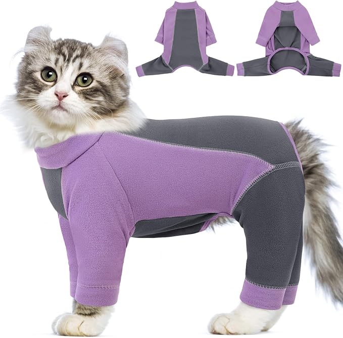 SUNFURA Hair Sticky Cat Clothes, Cat Sweater for Cats Only, 4-Legged Fleece Sweaters Kitten Pajamas Reduce Shedding Fur, Warm Pullover Shirts for Cats, Purple M