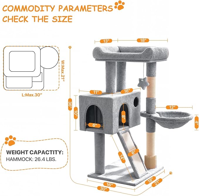 36-Inch Cat Tree Tower for Small and Medium Indoor Cats, Multi-Level Cat Furniture with Sisal Scratching Posts, Hammock, Condo & Scratching Board, Light Gray