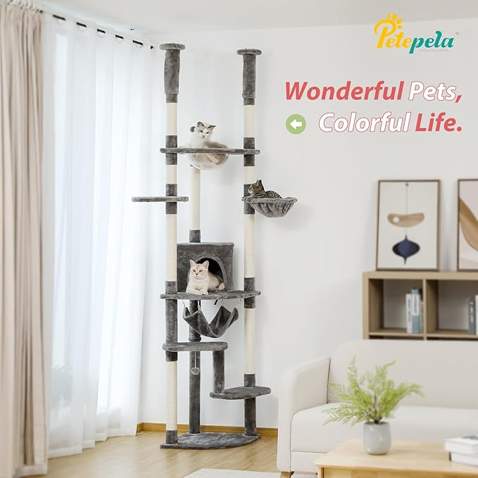 PETEPELA Floor to Ceiling Cat Tree, 92.9''-101.6''Height Adjustable Cat Tower Tall Cat Climbing Play House, Cozy Condo, Scratching Post and Spacious Hammock for Indoor Cats Large Adult, Gray