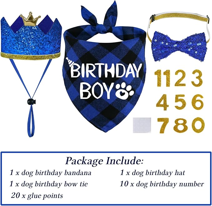 STMK Dog Birthday Party Supplies, Multi Size Dog Birthday Hat with Numbers Bandana Bow Tie for Medium Large Dogs Pets (Blue, Large)