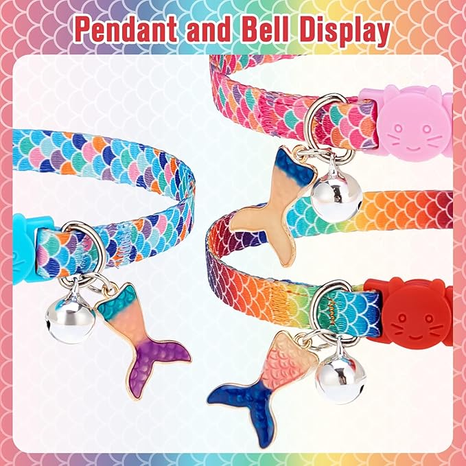 PUPTECK Cat Collars Breakaway with Bell - Summer Fish Scale Pattern Pet Collar 3 Pack for Kittens Puppies and Small Pets
