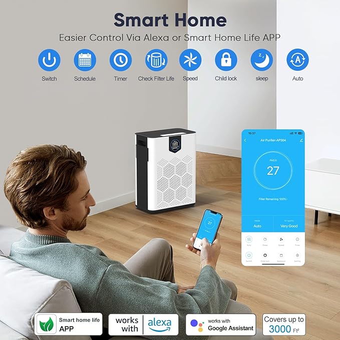 DAYETTE H14 Smart Air Purifiers for Home Large Room Up to 3000 Ft², Air Purifier with Washable Filters, APP & Alexa Control & 22 dB Sleep Mode for Bedroom Living Room