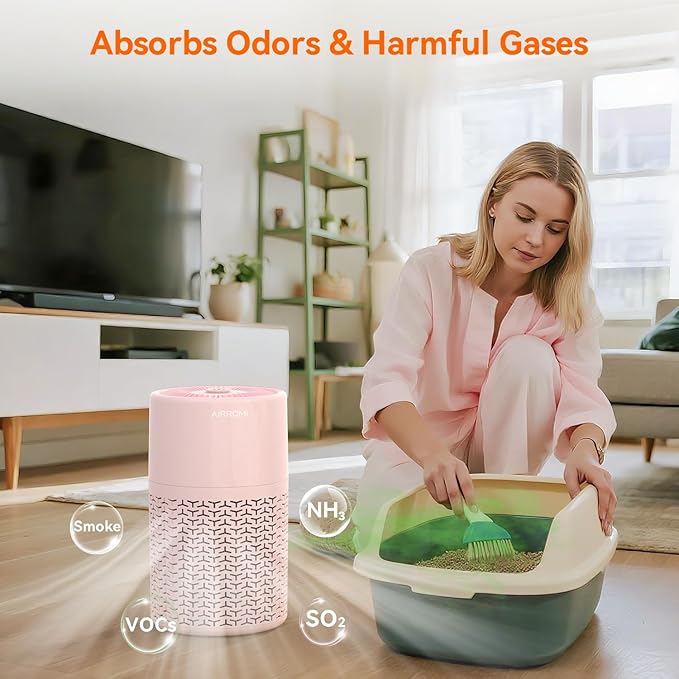 AIRROMI Pets Air Purifier for Home Allergies,Up to 660 ft². HEPA Deodorizing Activated Carbon Filter,With Fragrance Sponge for Better Sleep,Night Light,Pet Dander,Smoke,Odors,Air Cleaner A2002 Pink