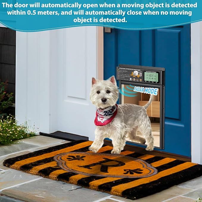 Smart Automatic Pet Door | Radar, Timer & Light Sensor Modes | Durable Aluminum, Weatherproof, Solar & USB Rechargeable | 24/7 Operation for Small Dogs & Cats (Black)