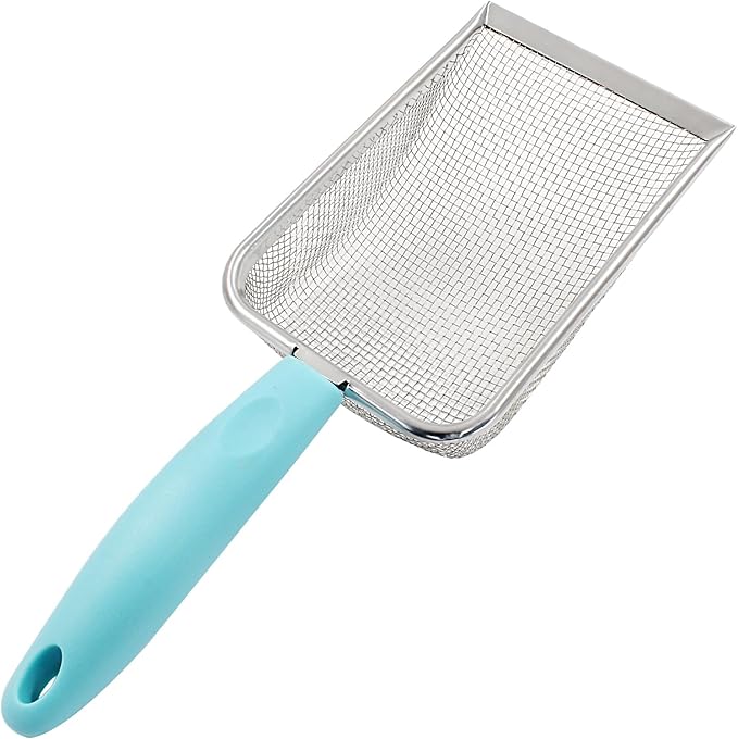 Hordion Cat Litter Scoop Stainless Steel Mesh Scooper, 2mm Mesh Non-Stick Coated Metal Litter Shovel Fine Sand Litter Scooper for Litter Box Kitten Pooper Lifter, Cyan