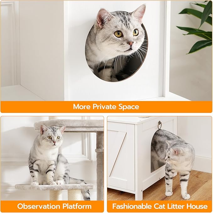 HOOBRO Cat Tree Tower with Litter Box Enclosure for Indoor, Wooden Cat Condo with Scratching Posts, Litter Box Furniture Hidden, All-in-One Cat House, White WT15MZ03