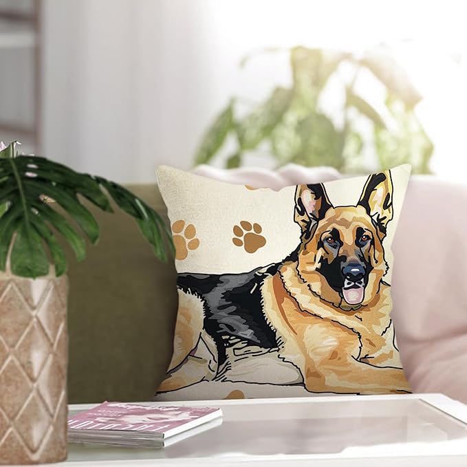 German Shepherd Dog Decorative Throw Pillow Cover 18 x 18, Cute Puppy Paw Prints Porch Outdoor Home Decor, Sofa Couch Cushion Case Pet Dog Owner Lover Gifts