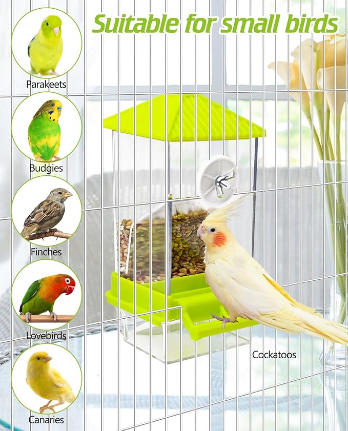 BNOSDM No Mess Automatic Bird Feeder Anti-Splash Bird Feeder Acrylic Transparent Food Container Parrot Cage Accessories for Parakeets Budgies Lovebirds Cockatoos Conures Finches (Green)