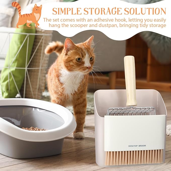 Cat Litter Scooper Kit Wooden Handle Metal Cat Litter Scoop Includes Small Broom and Dustpan Set Portable Cleaning Brush and Dustpan Combo Kitty Litter Scooper(Coarse Grid,Gray)