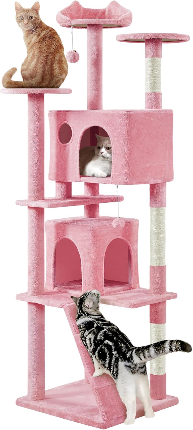 Yaheetech XL Cat Tree, 80in Multi-Level Cat Tower w/Scratching Posts, Double Condo, Perched Platforms and Dangling Balls, Pet Activity Center for Kittens, Pink