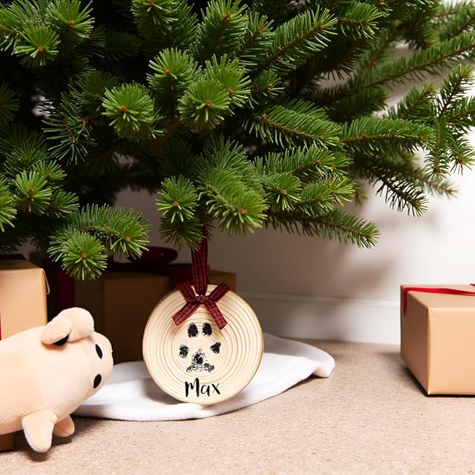 Pearhead Rustic Wood Paw Print Christmas Tree Ornament, Dog or Cat Pawprint Making Kit Included, DIY Personalized Pet Keepsake Ornament, Buffalo Check Hanging Ribbon