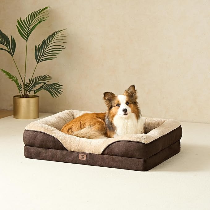 EHEYCIGA Orthopedic Dog Bed for Medium Dog, 30x20x6.5 Inch Memory Foam Dog Couch Bed with Sides, Waterproof Liner & Washable Removable Cover, Bolster Pet Sofa, Brown