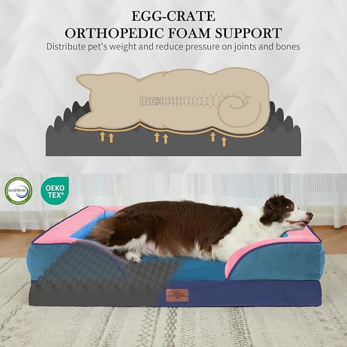 Comfort Expression Orthopedic Dog Bed for Extra Large Dogs 42x30 Inch, Waterproof Egg Crate Foam XL Pet Bed with Removable Bolsters, Dog Couch with Washable Cover & Non-Slip Bottom, Enchanted Cove