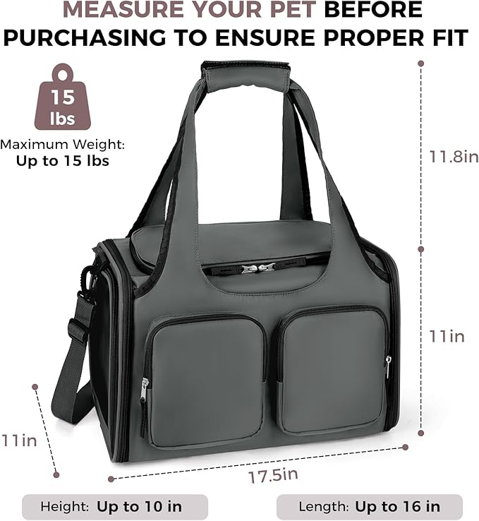 Dog, Cat Carrier for Pets Up to 15 Lbs, Airline Approved Collapsible Soft-Sided Pet Travel Bag with Locking Zippers, Breathable Mesh and 4 Large Pockets, Removable Fleece Pad (Dark Grey)