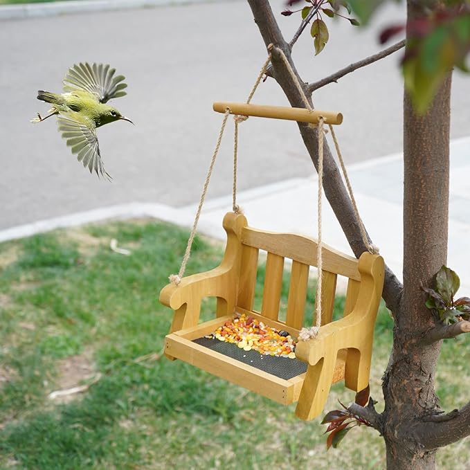 GDYOOSHOW Set of 2 Regency Porch Swing Bird Feeder Cedar Bench Shaped Squirrel Feeder for Outside Draining Metal Mesh Base (Light Yellow 2pcs)