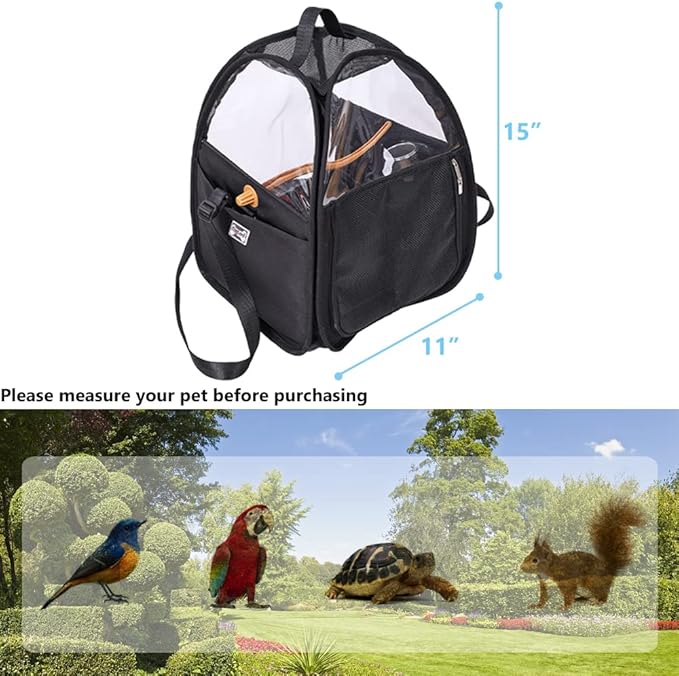 Bird Travel Cage Bag with Stand, Tray, Feeding Cup - Outdoor Pet Bird Carrier Backpack for Parrot, Cockatiel, Parakeet Budgie, 11"x15"