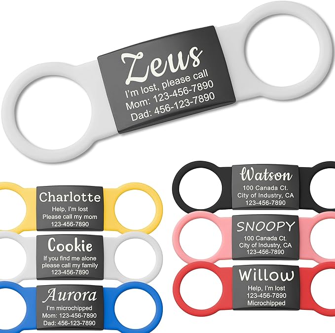Anavia Slide On Silent Pet ID Tags, S/M/L/XL Personalized Black Stainless Steel Colored Silicone Cat Dog Name Tag, Customized Engraved Nameplate, Quiet Chew-Proof Pet Collar Tag (White, X-Large)