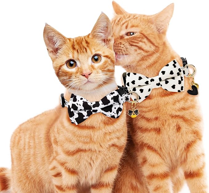 2 Pack Cotton Cat Collar with Bow Tie and Bell for Male Female Cats,Soft Fancy Breakaway Kitty Kitten Collar with Ghost& Pumpkin Patterned Design for Boy Girl Cats. (Cow&Heart)