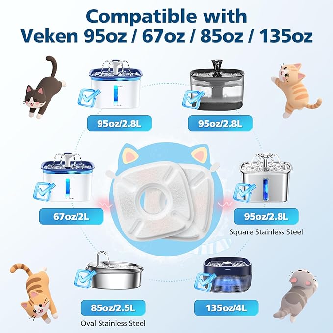16 Pcs Cat Water Fountain Filters for Veken 95oz/2.8L, 67oz, 85oz, 135oz Dog Water Fountain Automatic Pet Fountain Dog Water Dispenser 8 Pcs Pet Fountain Filter Replacement & 8 Pcs Pre-Filter Sponges