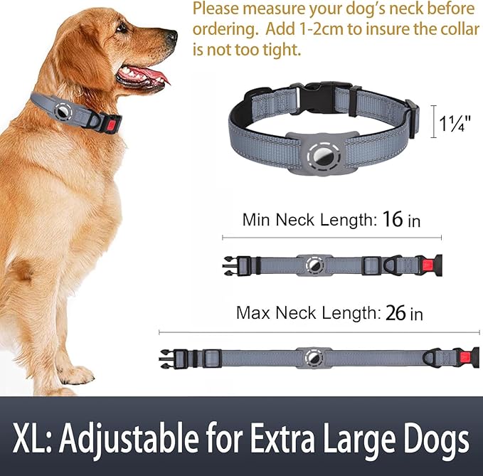 Airtag Dog Collar with AirTag Holder for Large Dogs, Reflective, Soft Padded & Safety Locking Buckle, Nylon Pet Collars Adjustable for All Breeds, Grey,XL