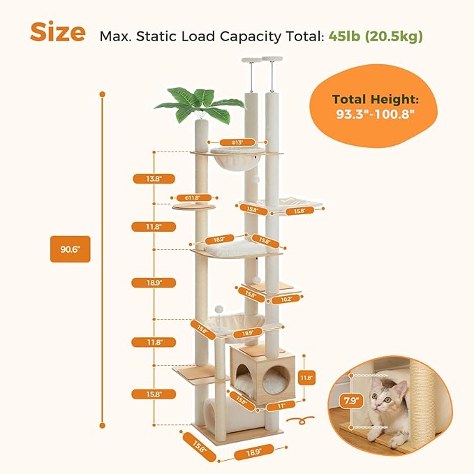 PETEPELA Floor to Ceiling Cat Tree,93.3''-100.8'' Height Adjustable Wooden Cat Tower, Tall Modern Climbing Tree with Large Hammock, Soft Perch and Scratching Post for Indoor Cats Large Adult, Beige