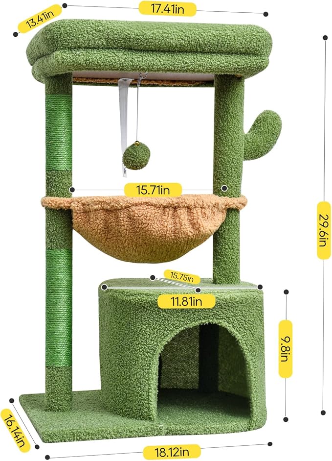 SYANDLVY Cactus Cat Tree for Indoor Cats, Green Activity Cat Tower with Scratching Post for Kittens, Modern Cat Furniture with Basket & Hanging Ball for Play Rest