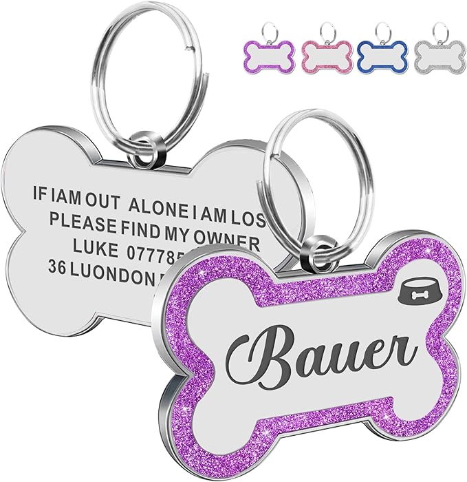 Dog Tags Personalized for Pets Dog Name Tags Personalized Dog Tag Engraved with Any Name & Text Custom Dog ID Tags Glitter Bone ID Tag for Puppy Cat (Purple L, Bone)