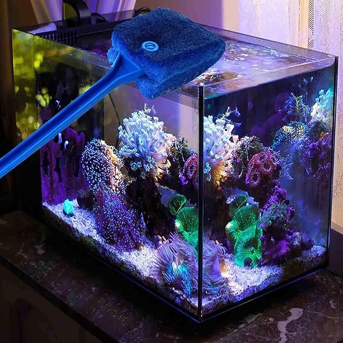 3 PCS Double-Sided AOODOOM Aquarium Fish Tank Algae Cleaning Brush with Non-Slip Handle, Sponge Scrubber Cleaner for Glass Aquariums and Home Kitchen