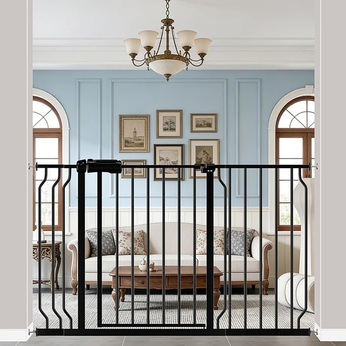 WAOWAO Baby Gate 43.3-52.75" Extra Wide Pressure Mounted Walk Through Swing Auto Close Safety Black Metal Toddler Kids Child Dog Pet Puppy for Stairs,Doorways,Kitchen