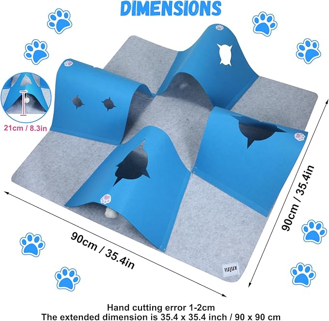 Interactive Cat Tunnel Mat for Indoor Cats, 4-Way Felt Cat Cave with Hanging Ball, Foldable Kitty Play Mat and Hideout, Pet Enrichment Toy for Kittens Rabbits Small Pets, Blue