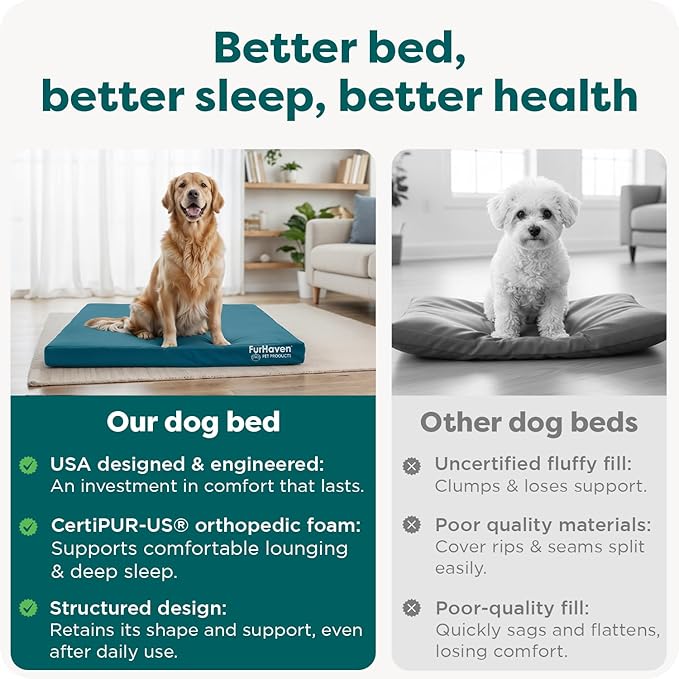 FurHaven Water-Resistant Orthopedic Dog Bed for Large Dogs, Oxford Polycanvas Mattress, Solid Orthopedic Foam Slab for Joint Support, Removable Washable Cover, Jumbo Plus/XXL, Deep Lagoon
