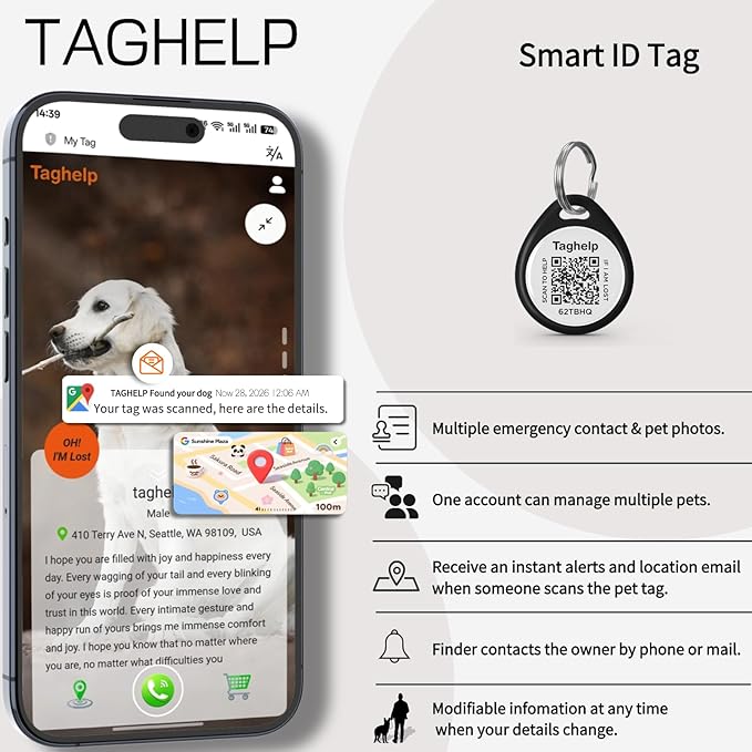 QR Code Dog ID Tag for Collar, Smart Pet ID with Instant Location Email Alerts, Silent Anti-Lost Dog Tag, No App or Subscription, Online Pet Profile Access（1.2”, Black）