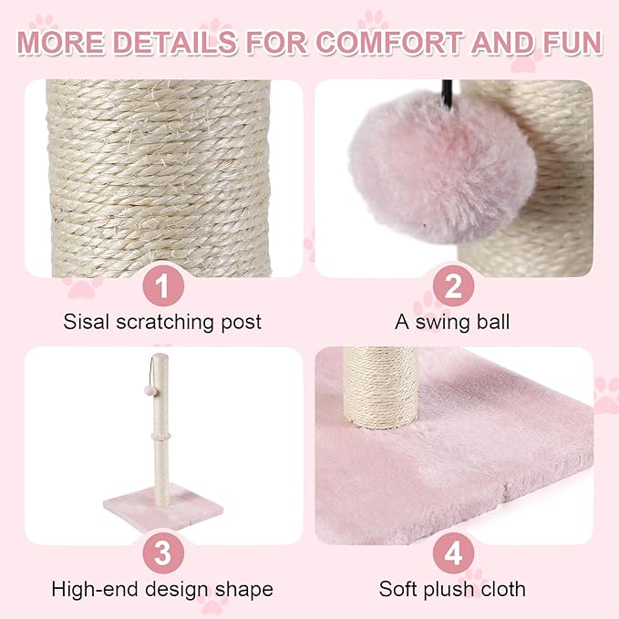 Dimaka Tall Cat Scratching Post, Claw Scratcher with Sisal Rope and Covered with Soft Smooth Plush, Vertical Scratch [Full Strectch] for Standard Size Cats (Pink, 29 inches for All Cats)