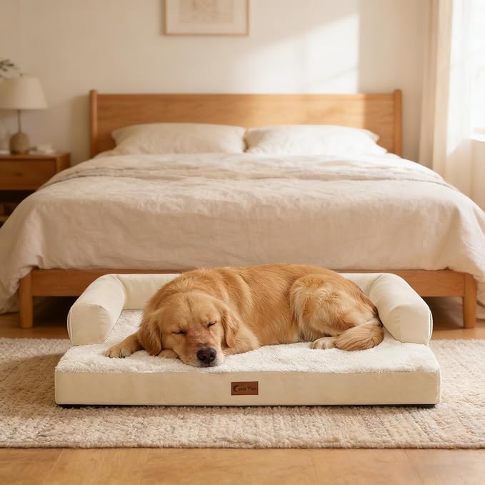 Orthopedic Dog Beds for Large Sized Dogs, Waterproof Egg Crate Foam Medium Dog Couch Beds for Crate 35x22Inch, Washable Pet Beds with Removable Cover and Nonskid Bottom, Beige