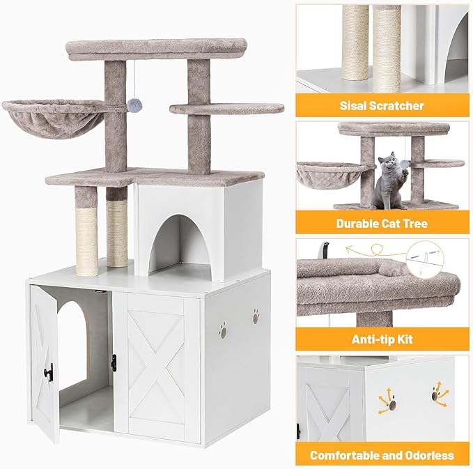 Snughome Cat Litter Box Enclosure with Cat Tree Tower and Condo, Hidden Washroom Furniture with Sisal Scratching Post and Soft Plush Perch, Wooden Cat Furniture with Multiple Platforms, White