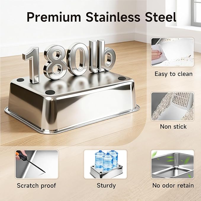 Extra Large Stainless Steel Litter Box with Lid, High Sided Enclosed Metal Cat Litter Pan, Dog Proof Front Entry Top Exit, Odor Control Easy Clean Leak Proof, Includes Mat, Scoop & Step, Black